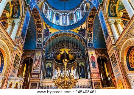 Athens, Greece - March 5, 2018 Metropolitan Cathedral Athens Greece.  Built In 1842, Main Greek Orth