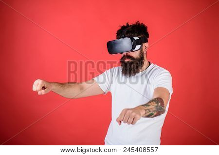 Virtual Racing Concept. Hipster On Confident Face Driving Bike On High Speed In Virtual Reality. Man