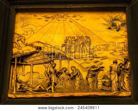Florence, Italy - September 24, 2017 Noah Food Animals Gates Of Paradise Ghiberti Bronze Door Bapist