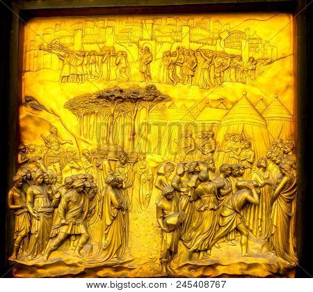 Florence, Italy - September 24, 2017 Fall Of Jericho Gates Of Paradise Ghiberti Bronze Door Bapistry