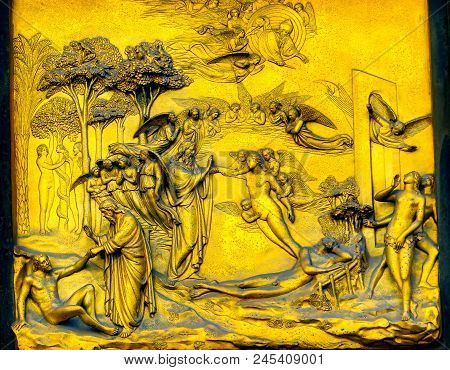 Florence, Italy - September 24, 2017 Adam And Eve Gates Of Paradise Ghiberti Bronze Door Bapistry Du