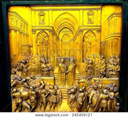 Florence, Italy - September 24, 2017 King Solomon And Queen Of Sheba Gates Of Paradise Ghiberti Bron