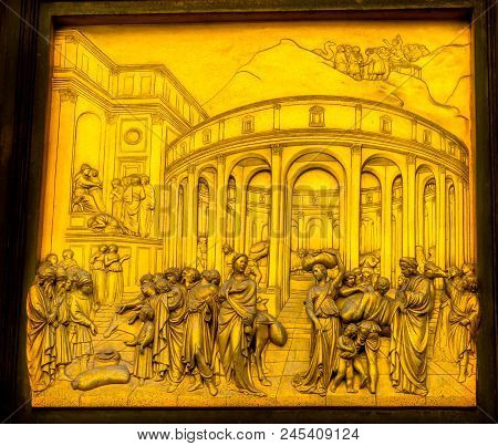 Florence, Italy - September 24, 2017 Joseph Sold Into Slavery Gates Of Paradise Ghiberti Bronze Door