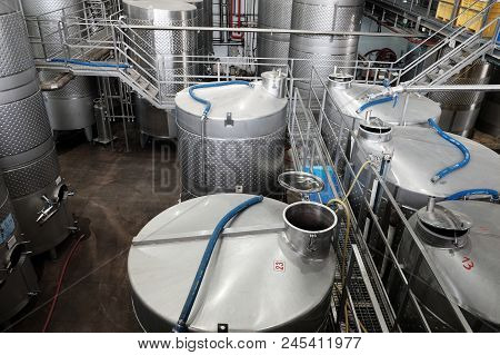 Galil, Israel - May 28, 2018: Stainless Steel Tanks For Wine Fermentation In The Galil Winery
