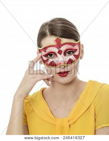 Portrait Of A Young Woman With A Colombina Venetian Mask Isolated Against A White Background.