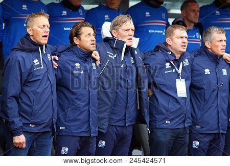 Reykjavik, Iceland - September 5, 2017: Manager Of Iceland National Team Heimir Hallgrimsson (l) And