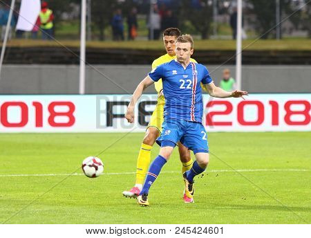 Reykjavik, Iceland - September 5, 2017: Jon Dadi Bodvarsson Of Iceland (l) Fights For A Ball With Ye