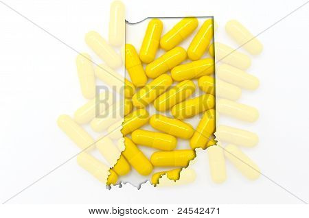 Kontur kort fra Indiana med gennemsigtig piller i baggrunden