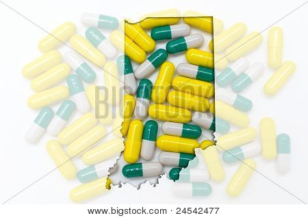 Kontur kort fra Indiana med gennemsigtig piller i baggrunden