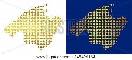 Gold Rhombic Spain Mallorca Island Map. Vector Geographic Maps In Yellow Colors With Vertical And Ho