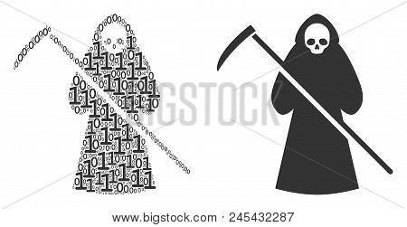 Death Scytheman Mosaic Icon Of Binary Digits In Various Sizes. Vector Digit Symbols Are Scattered In