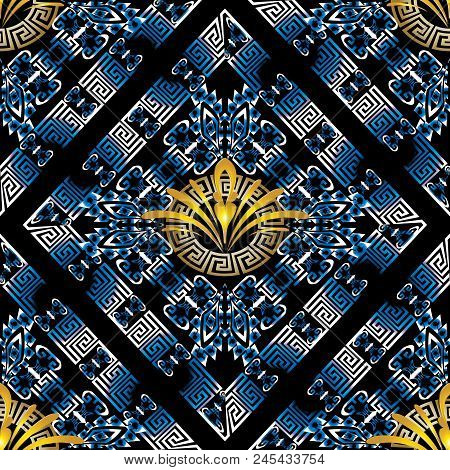 Modern Floral Greek Key Meander Vector Seamless Pattern. Beautiful Abstract Ornamental Geometric Bac