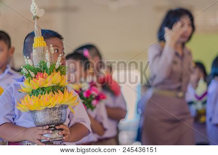 Kanchanaburi Thailand - June 14 : Unidentified Students Decorate Pedestal Tray And Flower For Give T