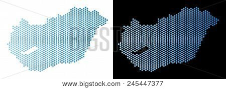 Honeycomb Hungary Map. Vector Territory Scheme In Light Blue Color With Horizontal Gradient On White