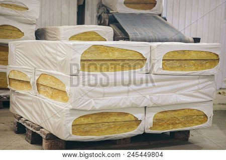 The Texture Of Mineral Wool For Insulating The Walls. Warehouse Of Products Ready For Import