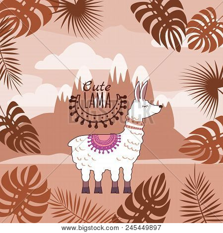Set Of Cute Lamas, Floral Ornament, Background, Mountain Landscape