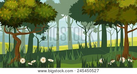 Beautiful Forest Landscape, Trees, Silhouette, Cartoon Style Vector Illustration