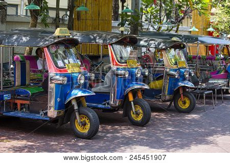Bangkok, Thailand - March 20, 2018 : Auto Rickshaw Or Tuk-tuk On The Street Of Bangkok, Thailand. Tu