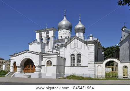 Church Of Varlaam Khutynsky, Sunny Day. Pskov, Russia