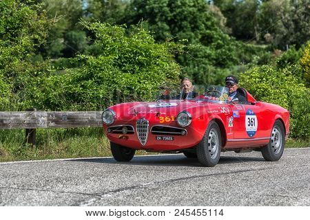 Pesaro Colle San Bartolo , Italy - May 17 - 2018 : Alfa Romeo Giulietta Sebring	1956 Old Racing Car 