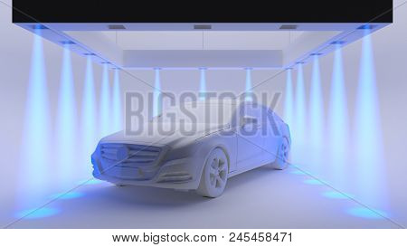 Conceptual Raster Illustration Of A White Plastic Car In The Middle Of A White Room With Blue Rays O