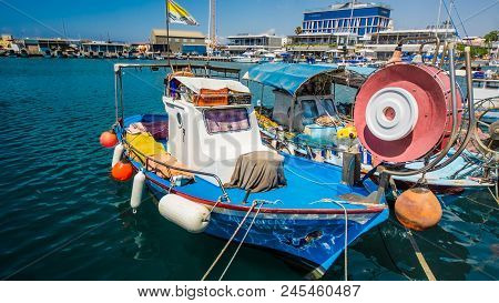 The Old Fishing Boats Are Waving On The Waves. Shipyard  In Limassol, Cyprus,  August 2017