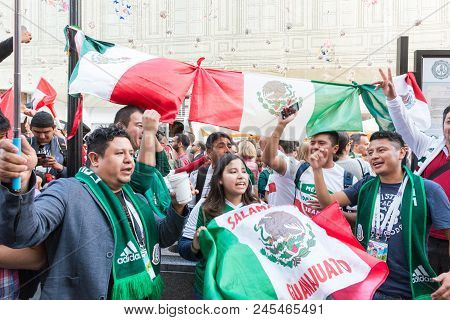 Moscow, Russia - 13 June, 2018: Horizontal Picture Of Mexicans Fans Partying In The Streets Of Mosco