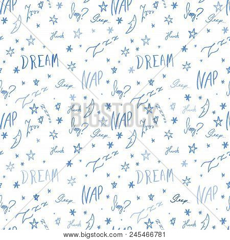 Bedsheets Design Pattern. Sleepy Doodle - Sleep Time Vector Texture With Handwritten Words.