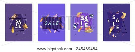 Set Of Sale Banners With Geometric Abstract Composition. Dark Promotion Cards With Sliced Trendy Tex