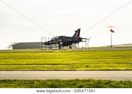 Anglesey , Wales - April 26 2018 : British Aerospace Hawk T.2 Landing At Anglesey Raf Valley Airport