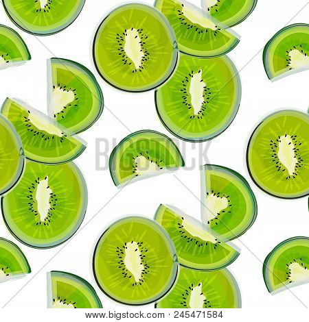 Kiwi Watercolor Pattern. Modern Exotic Cover With Green Fruit. Fashion Eat Illustration. Kiwi Tropic