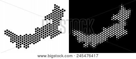 Hexagonal Chinese Inner Mongolia Map. Vector Territory Plan In Black And White Versions. Abstract Ch