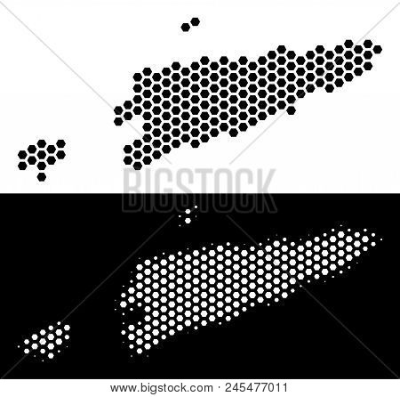 Hex Tile East Timour Map. Vector Geographic Scheme In Black And White Variants. Abstract East Timour