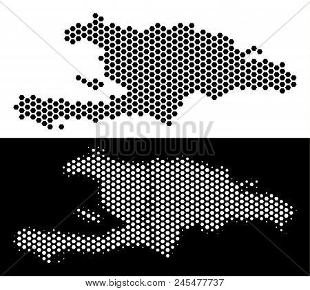 Hex Tile Haiti And Dominican Republic Map. Vector Geographic Scheme In Black And White Versions. Abs