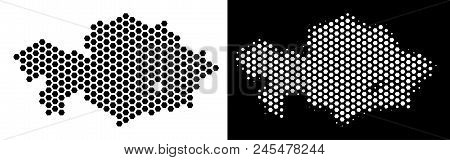 Hex-tile Kazakhstan Map. Vector Geographic Scheme In Black And White Versions. Abstract Kazakhstan M