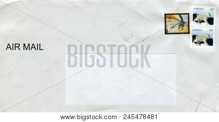 GOMEL, BELARUS - AUGUST 12, 2017: Old envelope which was dispatched from Canada to Gomel, Belarus, August 12, 2017. 
