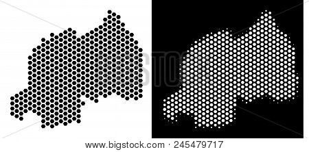 Hex-tile Rwanda Map. Vector Geographic Plan In Black And White Versions. Abstract Rwanda Map Concept
