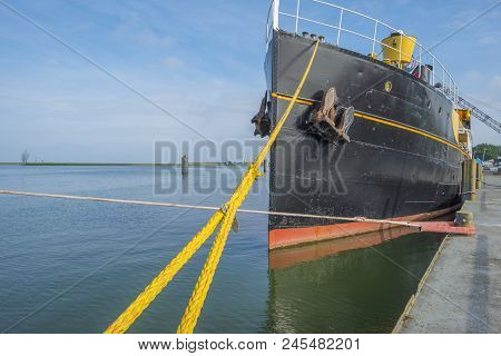 Ancient Formar Naval Research Vessel In  A Port In Sunlight In Spring