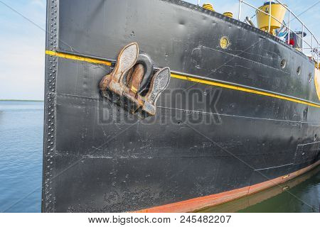 Ancient Formar Naval Research Vessel In  A Port In Sunlight In Spring