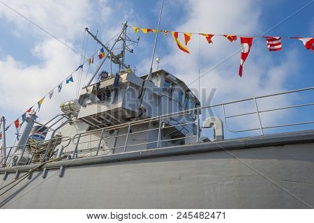 Ancient Formar Naval Ship In  A Port In Sunlight In Spring