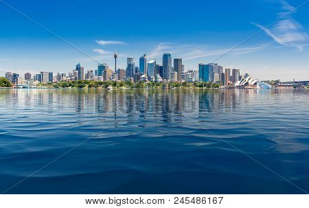 Dramatic Widescreen Panoramic Image Of The City Of Sydney From Taronga Zoo  With Artificial Water In