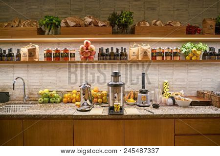 MILAN, ITALY - CIRCA NOVEMBER, 2017: interior shot of Farini in Milan. Farini is modern bakery which offers Italian pastry, salads, bowls and pizza