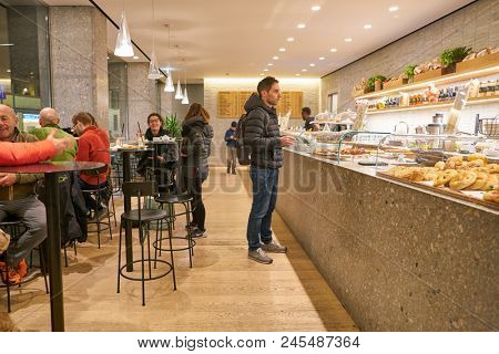 MILAN, ITALY - CIRCA NOVEMBER, 2017: interior shot of Farini in Milan. Farini is modern bakery which offers Italian pastry, salads, bowls and pizza