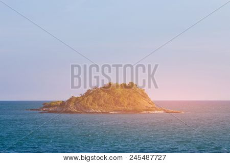 Alone Island Over Ocean Seacoast Skyline, Natural Landscape Background