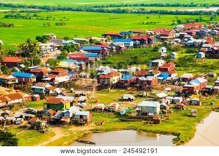 Floating Village Phnom Krom, Green Rice Fields In Tonle Sap, Siem Reap, Cambodia