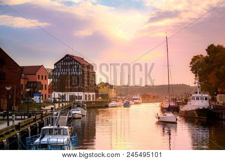 Lithuania, Klaipeda At Night. Old Town And Dane River.