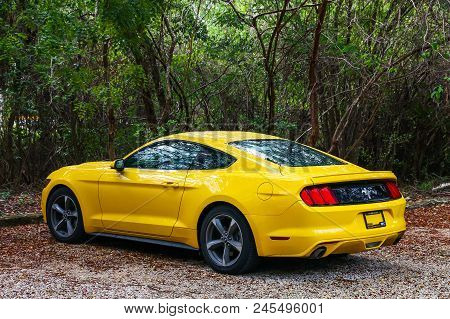 Cancun, Mexico - June 4, 2017: Yellow Muscle Car Ford Mustang At The Countryside.