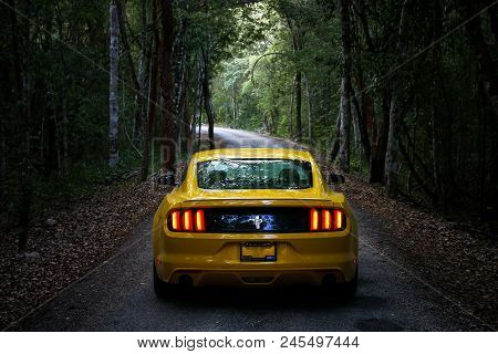 Xpujil, Mexico - May 19, 2017: Yellow Muscle Car Ford Mustang At The Countryside.