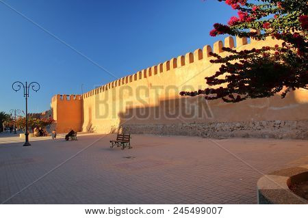 Cityscape Of Historical Wall In Tiznit, Morocco, Street, Beautifully Blooming Pink Tree