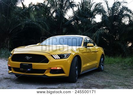 Tabasco, Mexico - May 22, 2017: Yellow Muscle Car Ford Mustang At The Countryside.